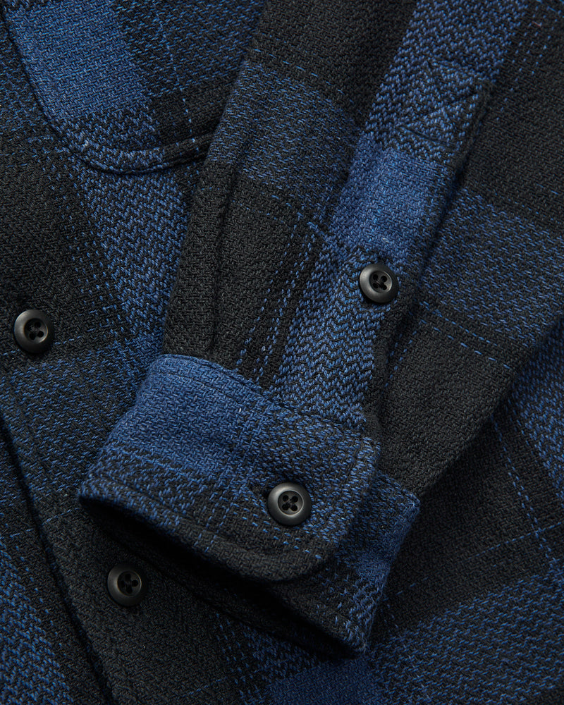 Handwoven Double Face Plaid Ames Workshirt in Iron Indigo Space Dye