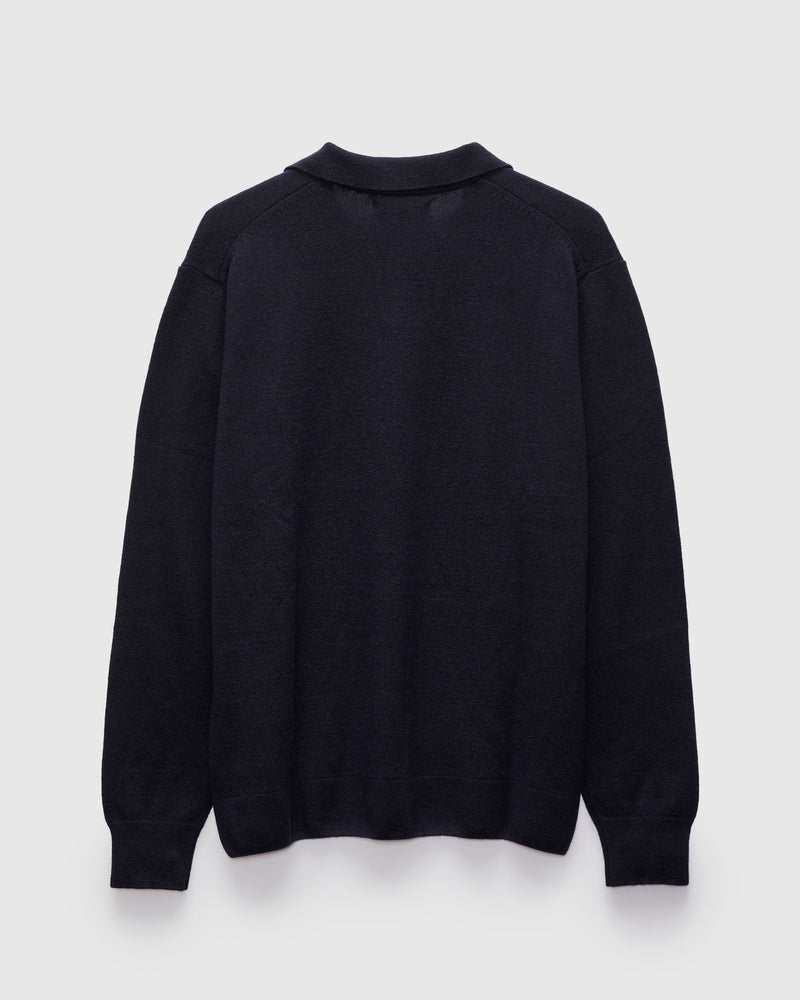 Wool-Silk-Cashmere Long Sleeve Polo in Dark Navy