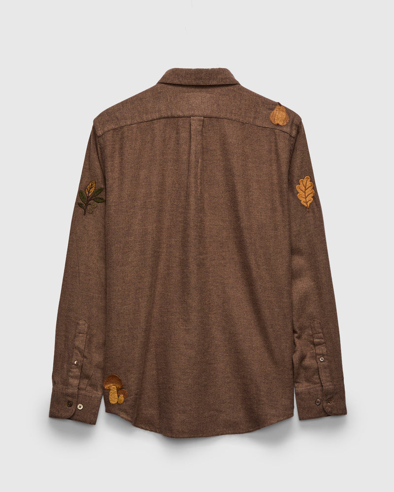 Embroidery Flannel Button-Up Shirt in Almond
