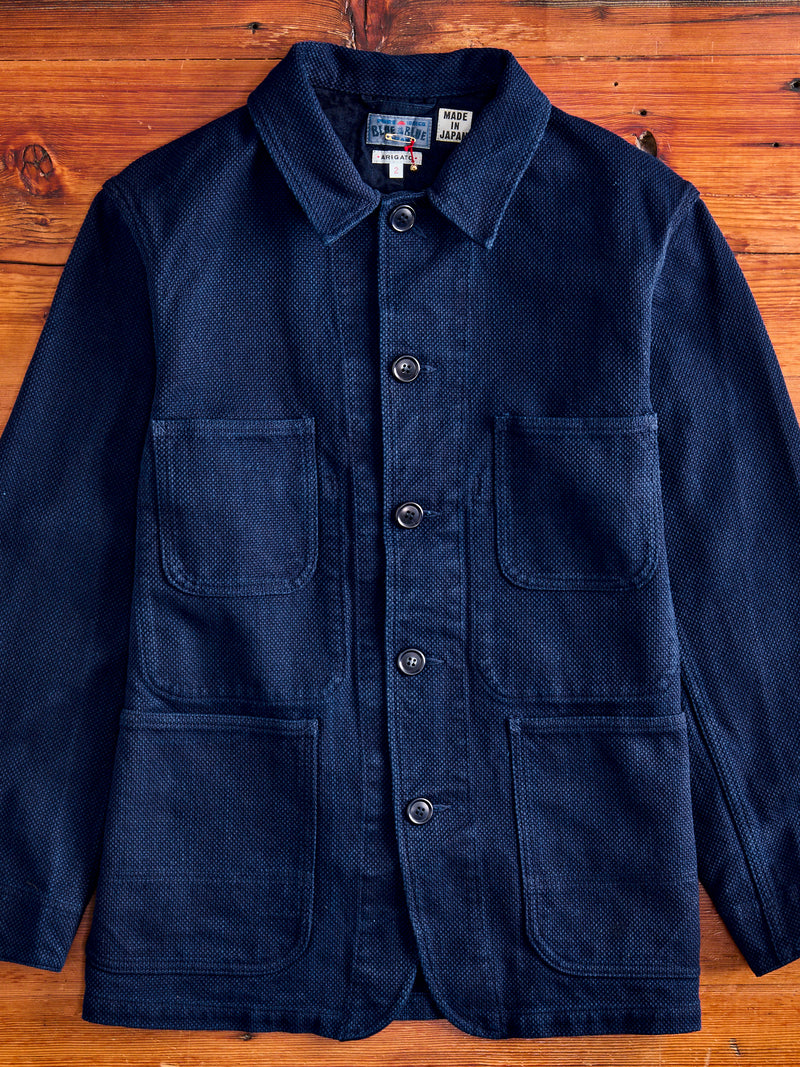 Double Cloth Sashiko Coverall Jacket in Hand Dyed Indigo Blue Owl Workshop Double Cloth Sashiko Coverall Jacket in Hand Dyed Indigo Blue Owl Workshop