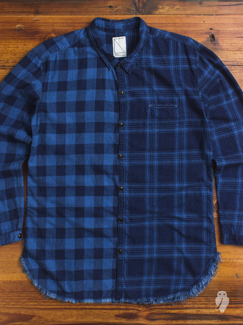 Mismatch Frayed Button Down Shirt in Indigo