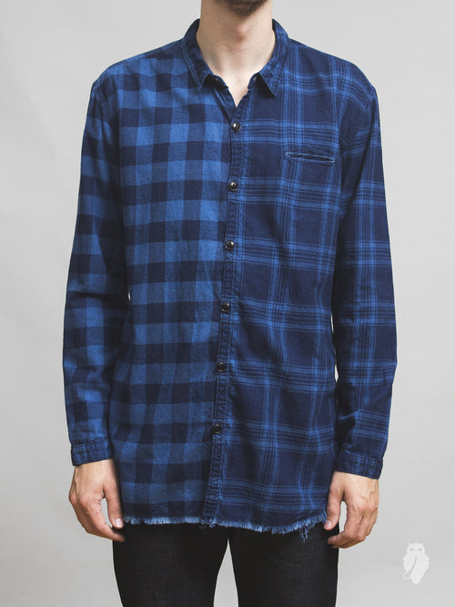 Mismatch Frayed Button Down Shirt in Indigo