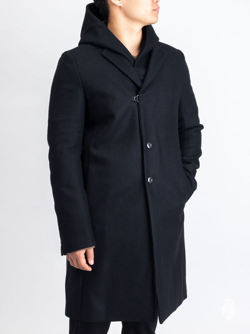 Cashmere Melton Hooded Chesterfield Coat in Black
