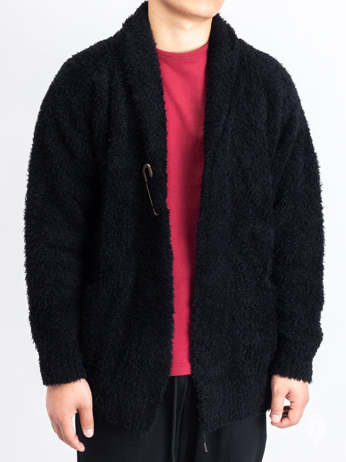 Chenille Knit Stole Collar Cardigan in Black Wool