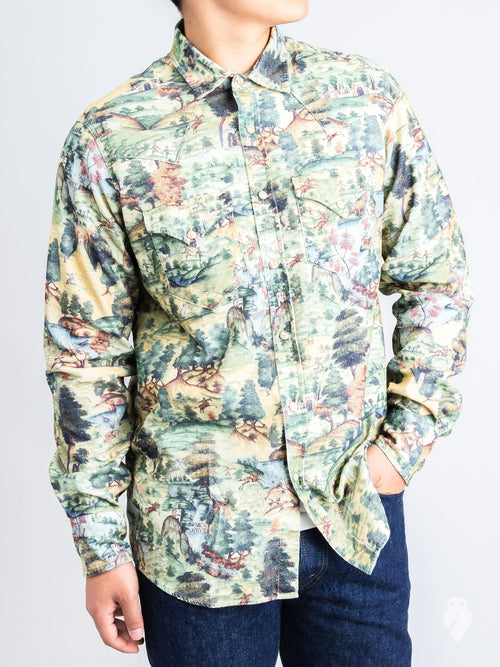 "Mughal Stories" Corduroy Western Shirt in Green
