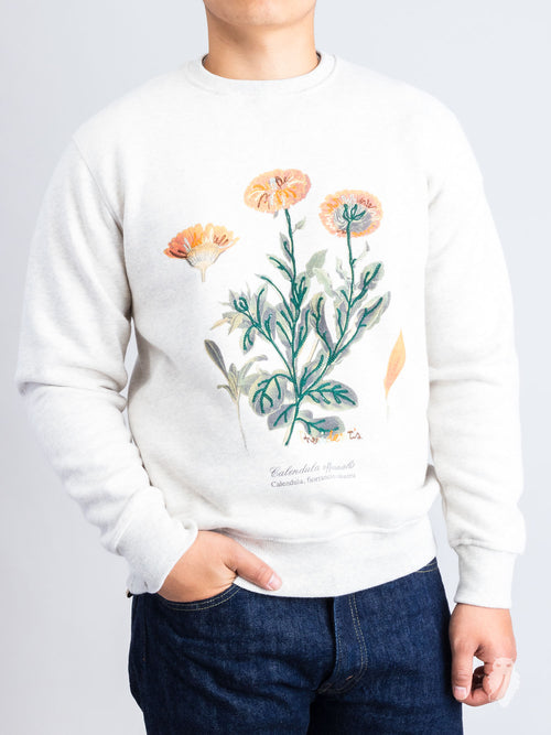 "Calendula Embroidery" Crewneck Sweater in White Melange