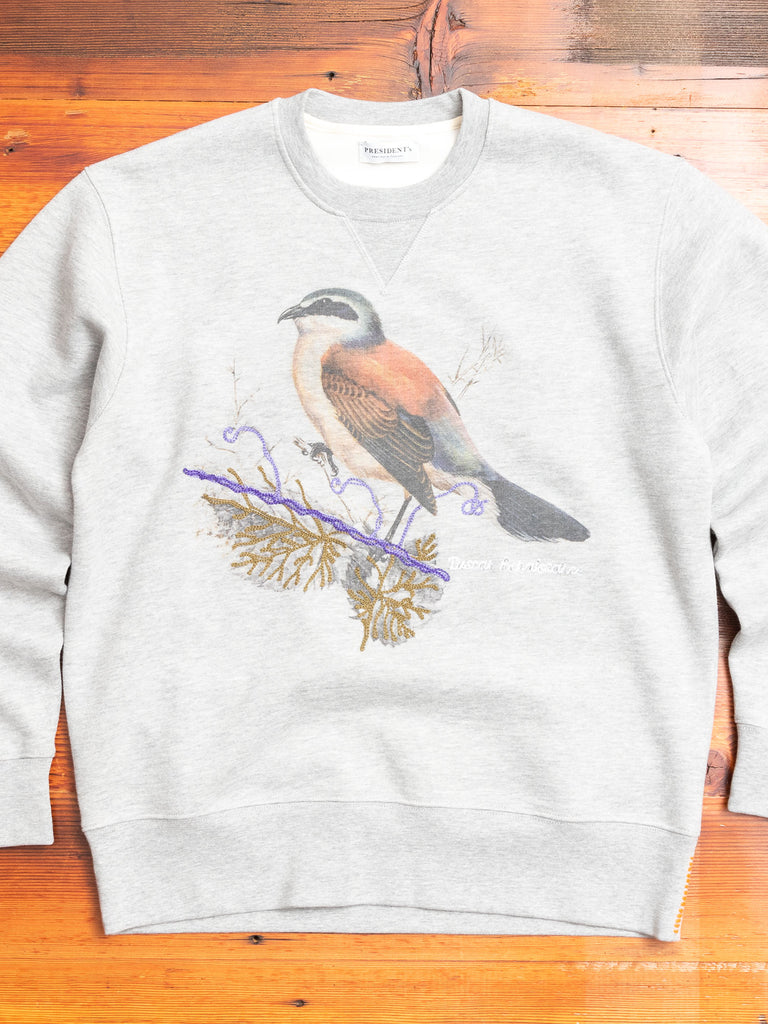 "Shrike" Embroidered Crewneck Sweater in Grey