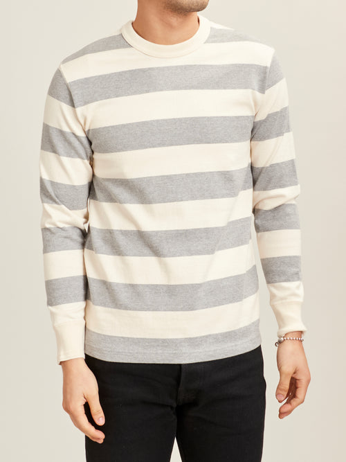 Striped Border Long Sleeve T-Shirt in Heather Grey