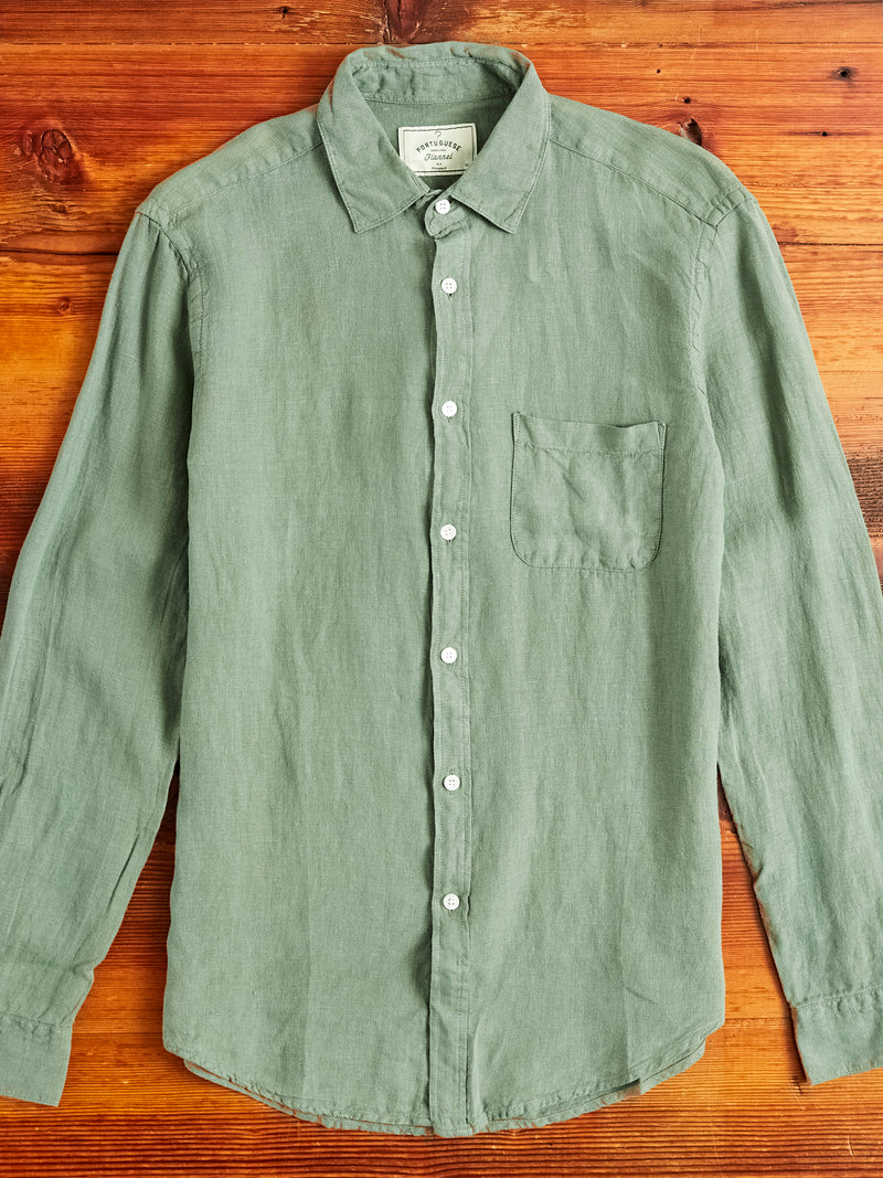 Linen Button-Up Shirt in Dry Green Blue Owl Workshop Linen Button-Up Shirt in Dry Green Blue Owl Workshop