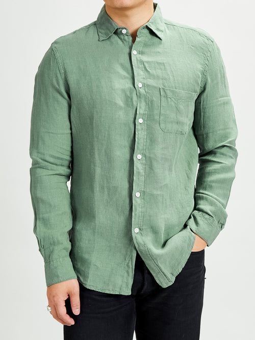 Linen Button-Up Shirt in Dry Green