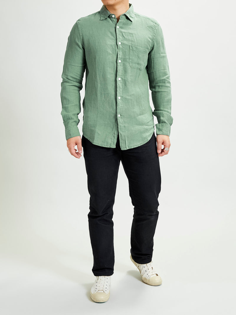 Linen Button-Up Shirt in Dry Green Blue Owl Workshop Linen Button-Up Shirt in Dry Green Blue Owl Workshop